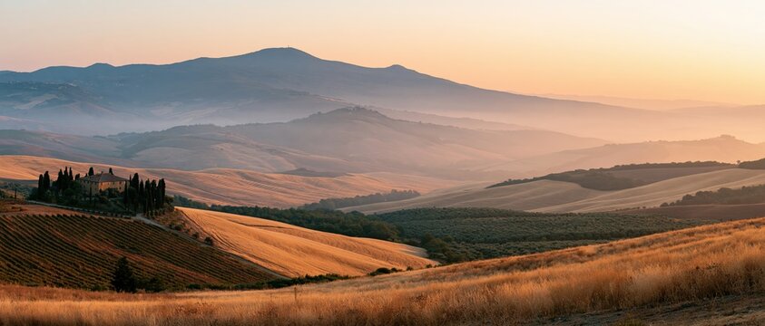 The Landscape of Tuscany's rolling hills bathed in golden hour light