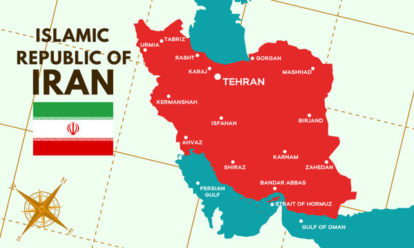Vector Illustration of Iran Map with Major Places. Vector Map of Islamic Republic of Iran.