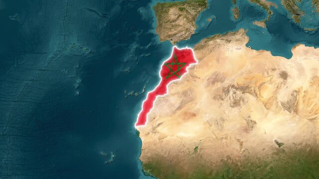 Morocco map flag glowing on detailed satellite earth view animated motion footage showing political geography borders in north african desert