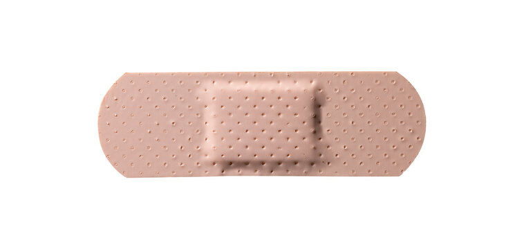 Single Beige Adhesive Bandage Strip on Light Blue Background for First Aid Concept