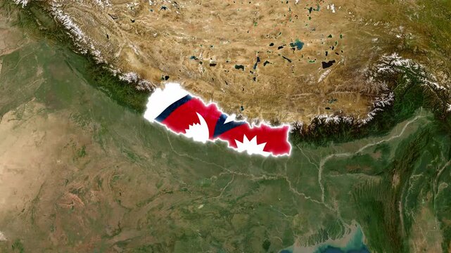 Nepal map glowing with national flag design overlay on satellite terrain background creating dynamic motion animation for global geography footage