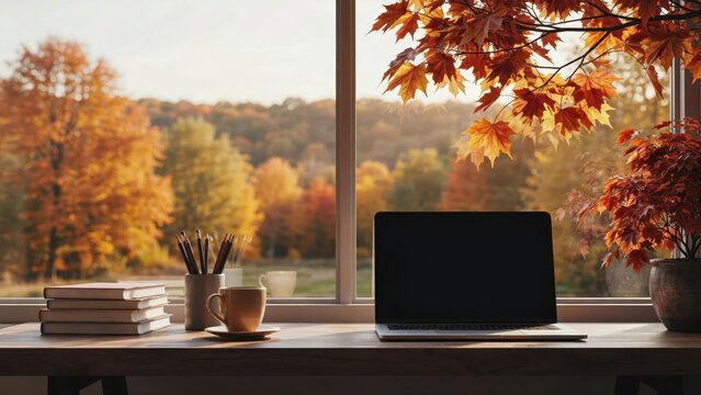 A laptop and coffee sit on a desk overlooking a vibrant autumn forest through a window. Perfect for remote work or cozy lifestyle themes.