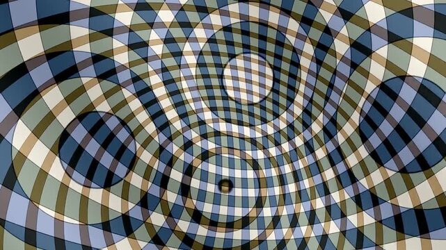 Warped Check Lattice Rolling Through a Circle Inversion, Retro Op Art Geometric Motion Background Seamless Loop in cool bone tones