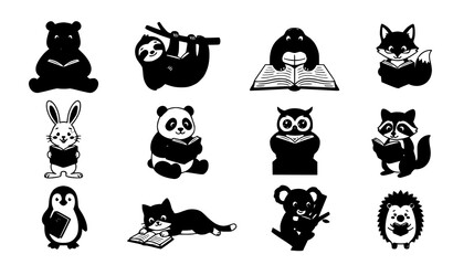 Naklejka premium Funny Cute Animals Reading Books Cartoon Education Vector Set