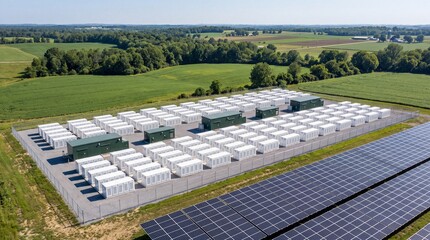 Fototapeta premium Aerial view of a large industrial battery energy storage system facility