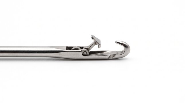 Macro of a steel circular knitting machine latch needle. Micro-machined pivoting hook mechanism for fabric production, isolated on white.