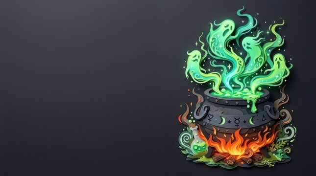 Halloween cauldron with glowing green ghosts and flames 3D render