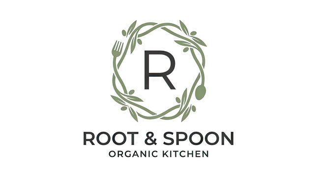 Root and Spoon logo with R and wreath