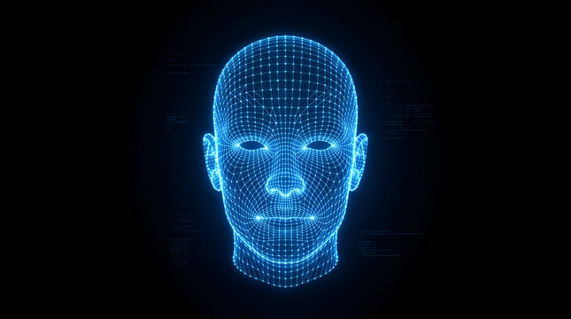 Blue glowing digital human wireframe head representing artificial intelligence and facial recognition technology on black background