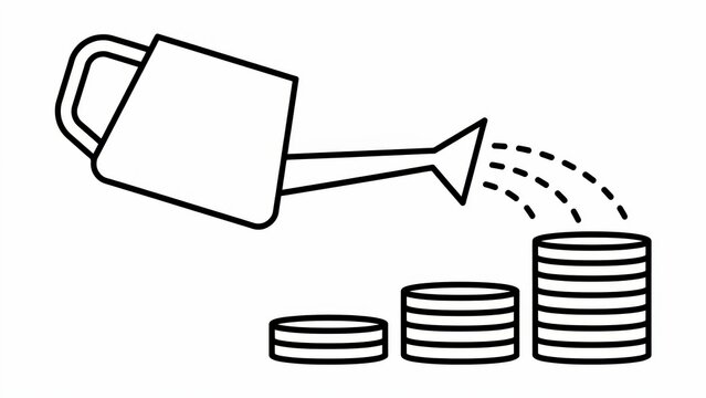 Outline vector icon of a watering can pouring water onto growing stacks of coins isolated on white background. Ideal for financial growth and investment concepts.