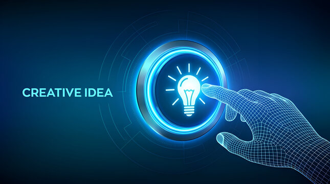 Concept of creative idea and innovation with wireframe hand pressing a glowing light bulb button