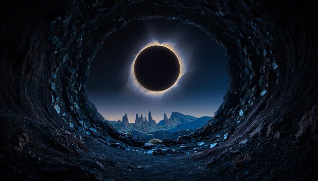 Eclipse cave surreal mountain landscape, dramatic cosmic shadows, dark tunnel, glowing solar corona, mystical terrain, night sky, sense of awe and wonder.