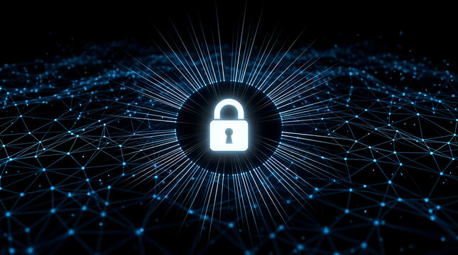 Digital security padlock shining brightly within a futuristic network grid, symbolizing robust data protection and cybersecurity measures for modern online systems