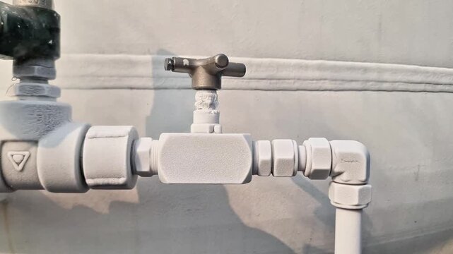 Thick White Frost and Ice Coating on an Industrial Metal Pipeline Valve during Extreme Cold Temperatures