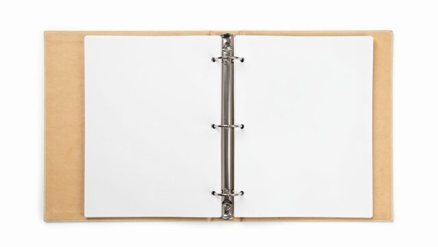 An open ring binder with clean white blank paper pages displayed top down isolated on white background. Perfect for office stationery and business presentation mockups.