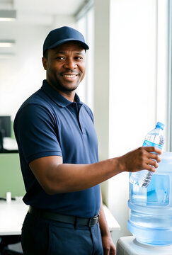 Workplace hydration and employee wellness, smiling delivery worker filling water bottle at office cooler for health and refreshment in corporate breakroom
