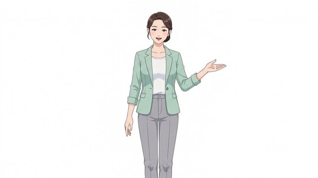 Professional Businesswoman Anime Character Pointing with Friendly Smile