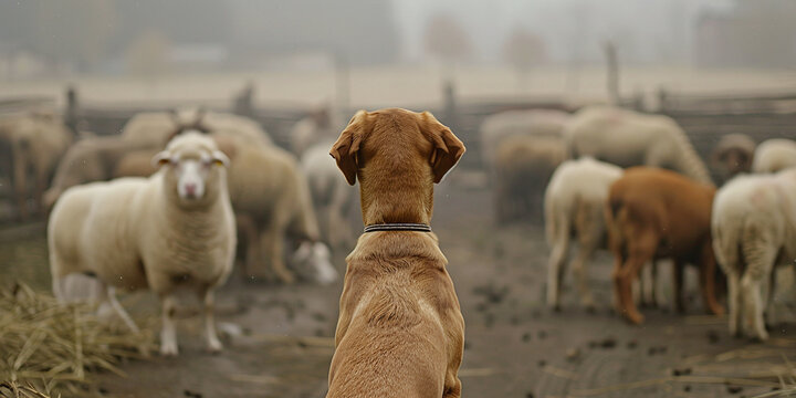 A loyal herding dog watches over a flock of domestic sheep Ovis aries in a foggy rural farm pasture during early morning light, capturing a calm pastoral scene of agriculture and animal companionship