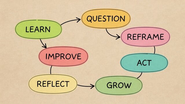Colorful self-improvement diagram showing steps like learn, reflect, and grow on textured paper. Ideal for personal development, education, and coaching presentations.