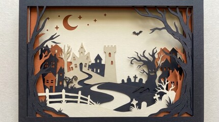 Fototapeta premium Halloween paper cut village scene 3D illustration with moon and bats