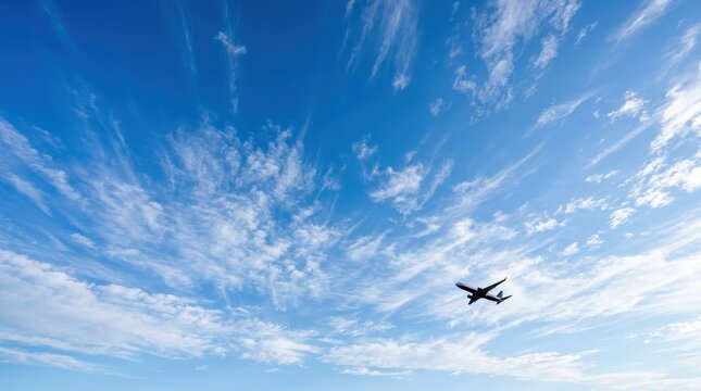 Commercial Airplane Flying High in a Beautiful Blue Sky with Wispy White Clouds - Aviation and Travel Concept