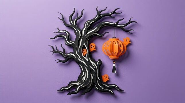 Halloween paper cut tree with orange lanterns and pumpkins 3D render