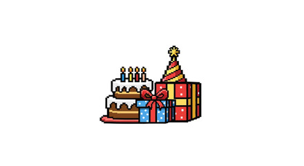 Fototapeta premium Colorful birthday cake and gifts.