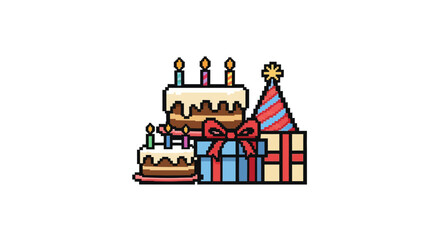 Naklejka premium Colorful birthday cake and gifts.