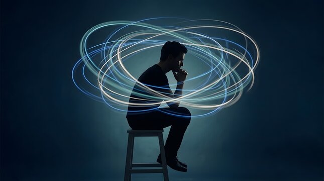 World mental day pensive man sitting on stool surrounded by glowing rings
