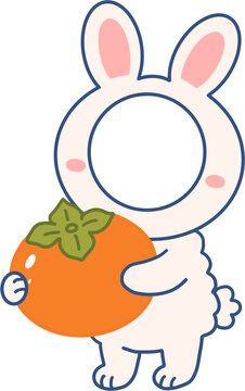 Cute rabbit costume holding a large ripe persimmon vector illustration
