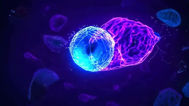 Glowing blue and purple orb cell floating in dark abstract space, luminous energy sphere, futuristic science concept, magical cosmic particle, vivid glow.