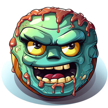 Scary zombie head monster donut with green skin and dripping blood, funny Halloween horror food cartoon vector illustration transparent background