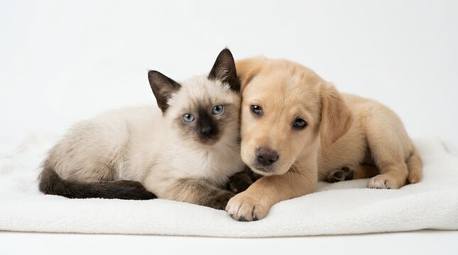 An Adorable and Heartwarming Image of Two Buddies a Little Siamese Kitten and a 2-Month-Old Puppy Posed Together on a Clean White Background Capturing the Sweet Bond of Friendship Between These Young