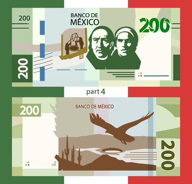 Vector banknote, obverse and reverse. Cartoon United Mexican States note. 200 pesos. Game money of Mexico. Flat style. Denomination two hundred. Finance and business. Play bill. Part 4