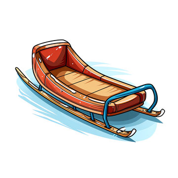 Modern red and brown winter sled or toboggan with blue rails for snow transport and recreation, cartoon vector illustration transparent background