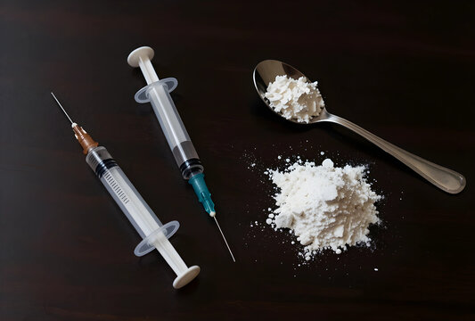 Drug addiction and substance abuse, syringes and white powder on a dark table the opioid crisis and illegal narcotics trafficking