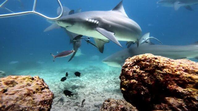 Bull sharks swimming and feeding around corals on the ocean floor in clear blue water, attracting marine life during an underwater scuba diving expedition in the South Pacific