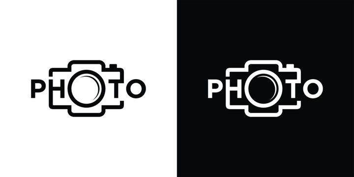 Photo logo design with camera icon in black and white.