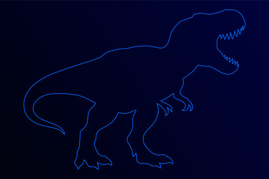 T Rex Outline. Open Mouth Dinosaur. Neon Glow on Dark Background. Dramatic Jurassic Design