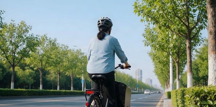 Cyclist Riding a Cargo Bike Through a Green Urban Park