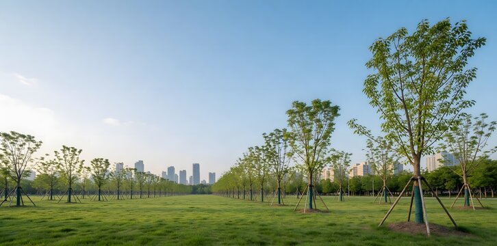 Green Urban Park with Trees and City Skyline