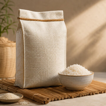 White paper bag packaging mockup with a bowl of rice