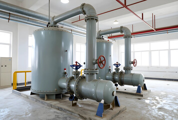 Fototapeta premium Water treatment and industrial filtration system, large steel tanks with pipes and valves in a clean facility for municipal infrastructure management