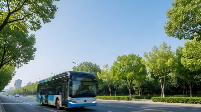 Electric City Bus Driving Along a Tree Lined Urban Road