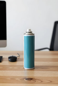 Office hygiene and workplace sanitation, blue aerosol spray can on a wooden desk for cleaning equipment and surface disinfection in a corporate office