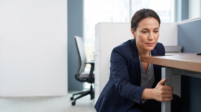 Woman taking shelter beside a desk during a school emergency drill, shelter in place procedure, crisis preparedness, personal safety and emergency response concept in an educational building.