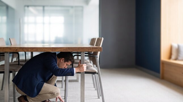 Person taking cover under a table during a school emergency safety drill, shelter in place procedure, danger response, crisis preparedness and emergency protection concept in an educational building.