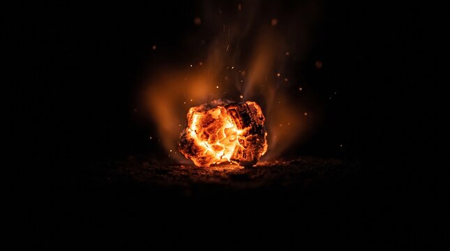 A fiery glowing orb with embers and smoke against a dark background, representing power and energy
