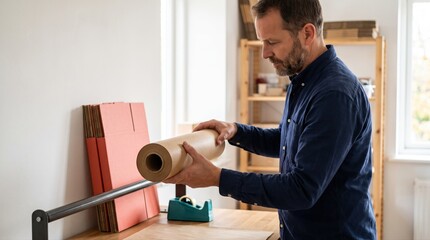 Fototapeta premium Male worker handling a roll of kraft paper at a workbench in a bright workshop, packaging preparation, manual work, small business and professional service concept.