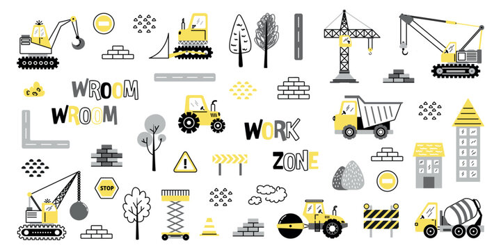 Colorful construction collection for children with cranes bulldozer dump truck road roller concrete mixer lift bricks safety signs buildings trees and work zone elements